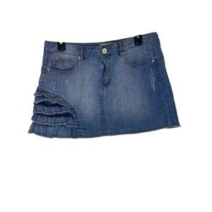 Vintage Y2K BCBGeneration Blue Denim Mini Skirt Ruffle Distressed Raw Hem Sz 31